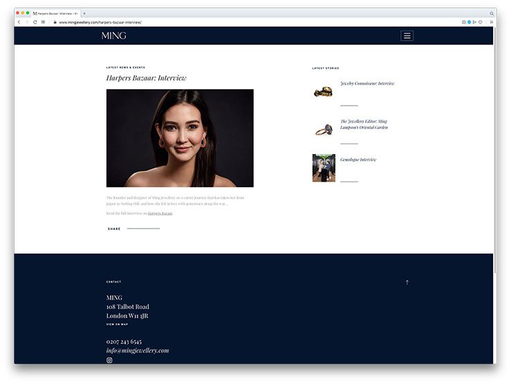 One-page website design for Ming Jewellery with added blog