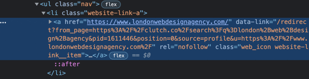 NoFollow backlink example from clutch.co to London Web Design Agency